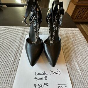 Lamoda Black Pointed Toe Heels with Ankle Straps & Chain Accents